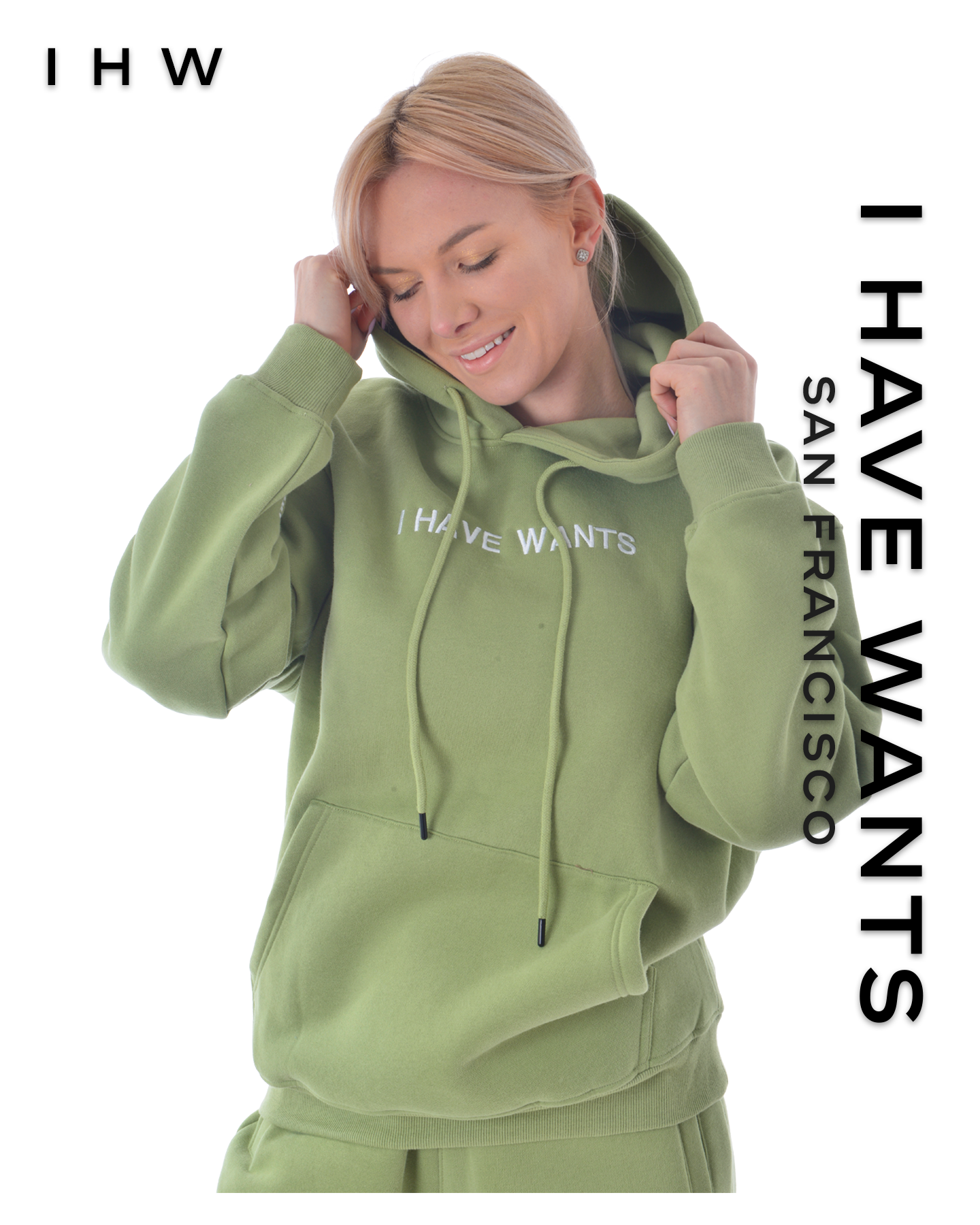 Womens Kangaroo Pocket Drawstring Matcha Green Hoodie & Joggers - I Have Wants Logo