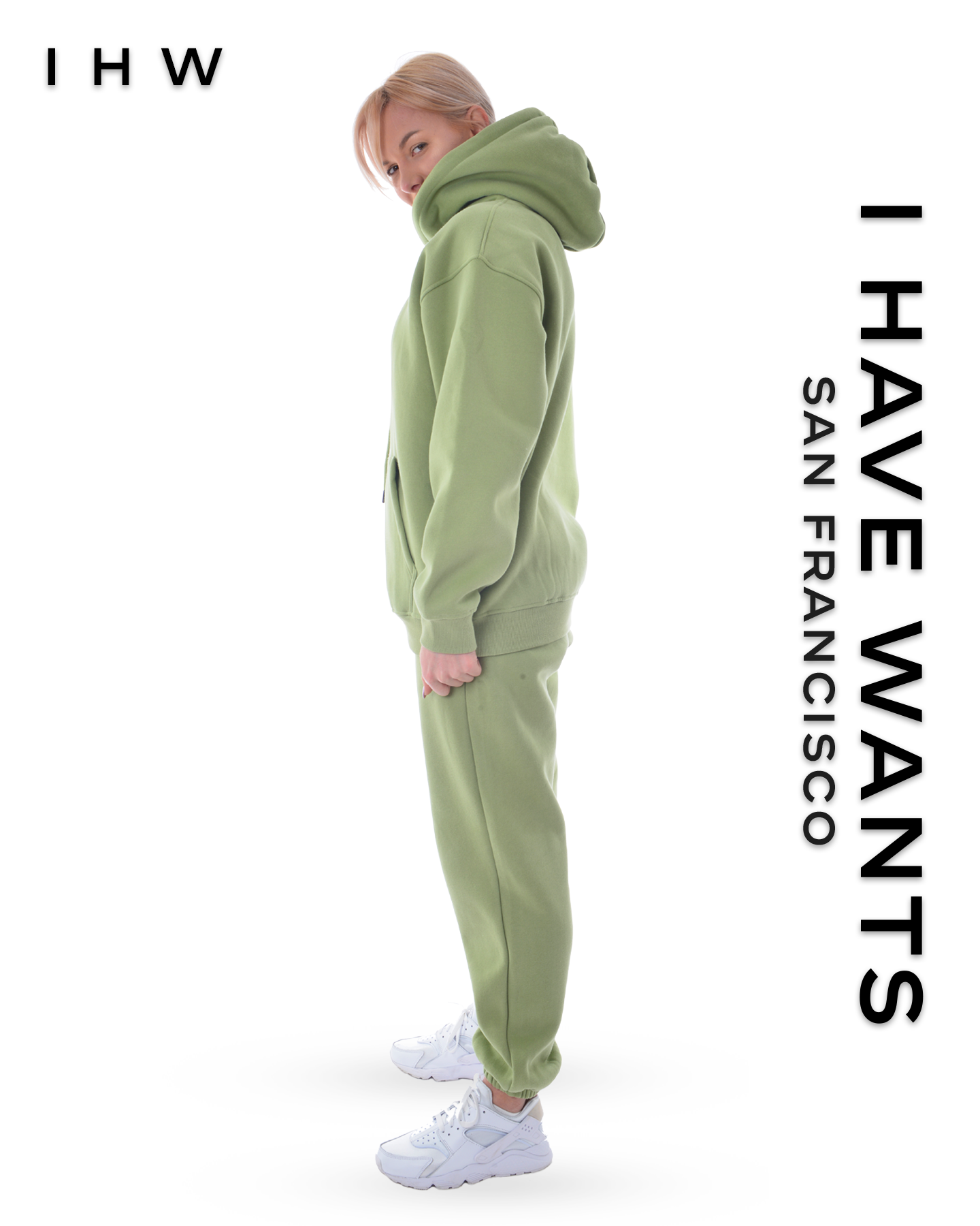 Womens Kangaroo Pocket Drawstring Matcha Green Hoodie & Joggers - I Have Wants Logo