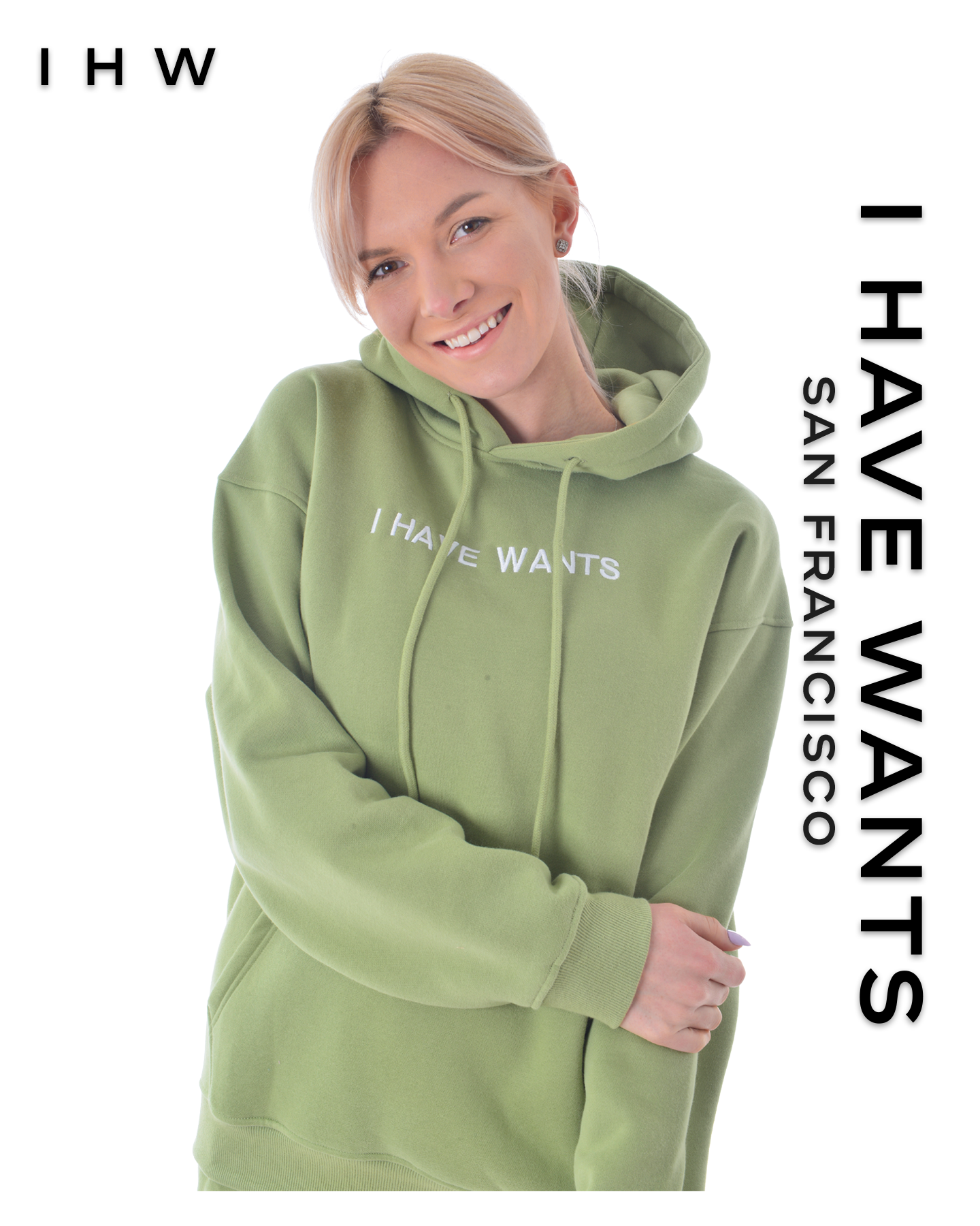 Womens Kangaroo Pocket Drawstring Matcha Green Hoodie & Joggers - I Have Wants Logo