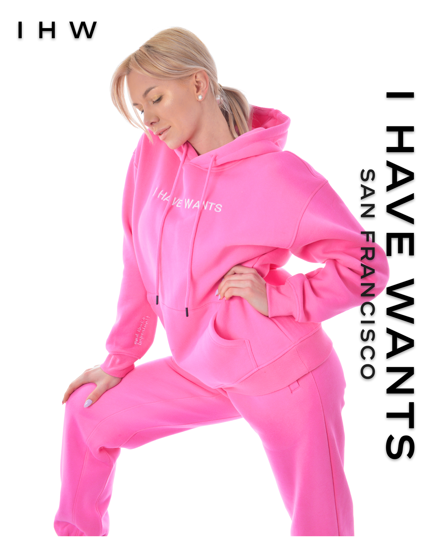 Womens Kangaroo Pocket Drawstring Pink Hoodie & Joggers - I Have Wants Logo