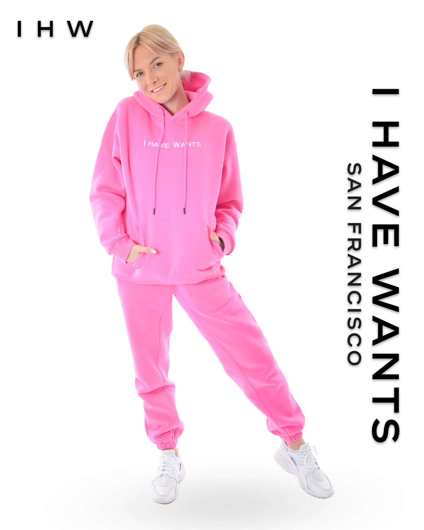 Womens Kangaroo Pocket Drawstring Pink Hoodie & Joggers - I Have Wants Logo