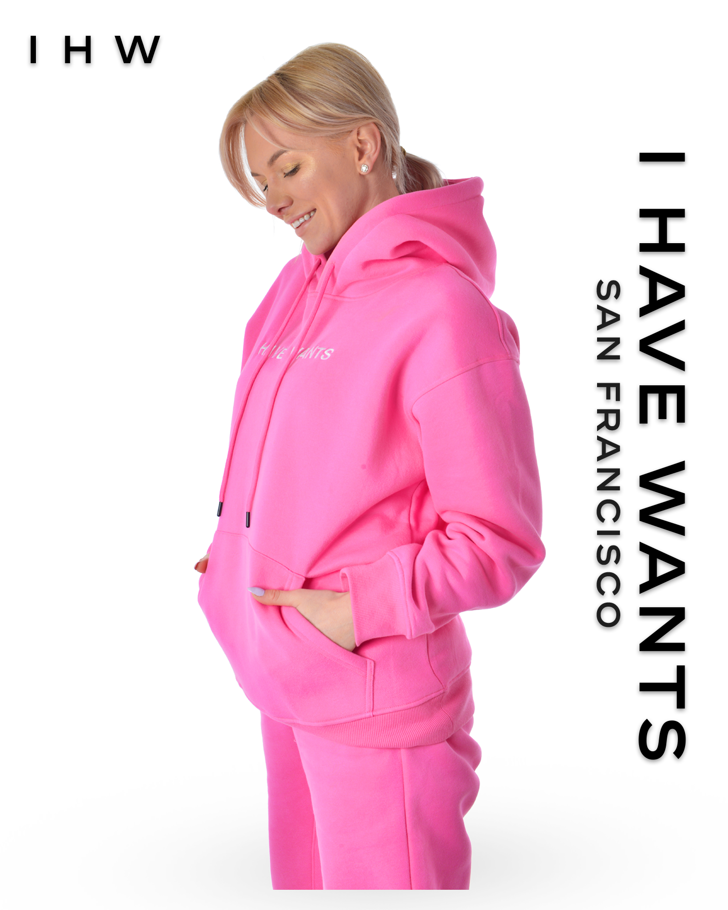 Womens Kangaroo Pocket Drawstring Pink Hoodie & Joggers - I Have Wants Logo