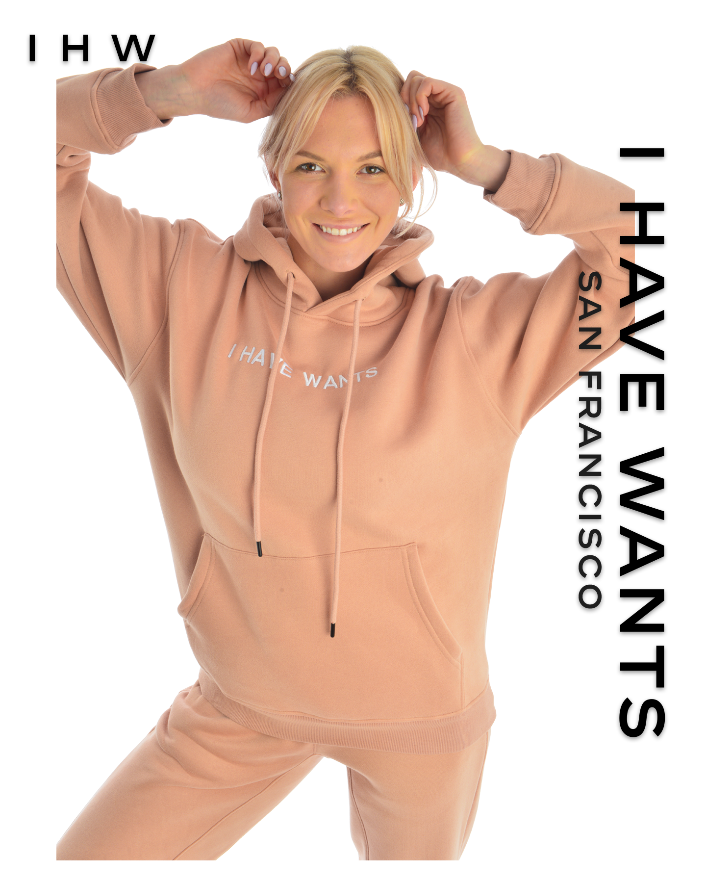 Womens Kangaroo Pocket Drawstring Rose Beige Hoodie & Joggers - I Have Wants Logo