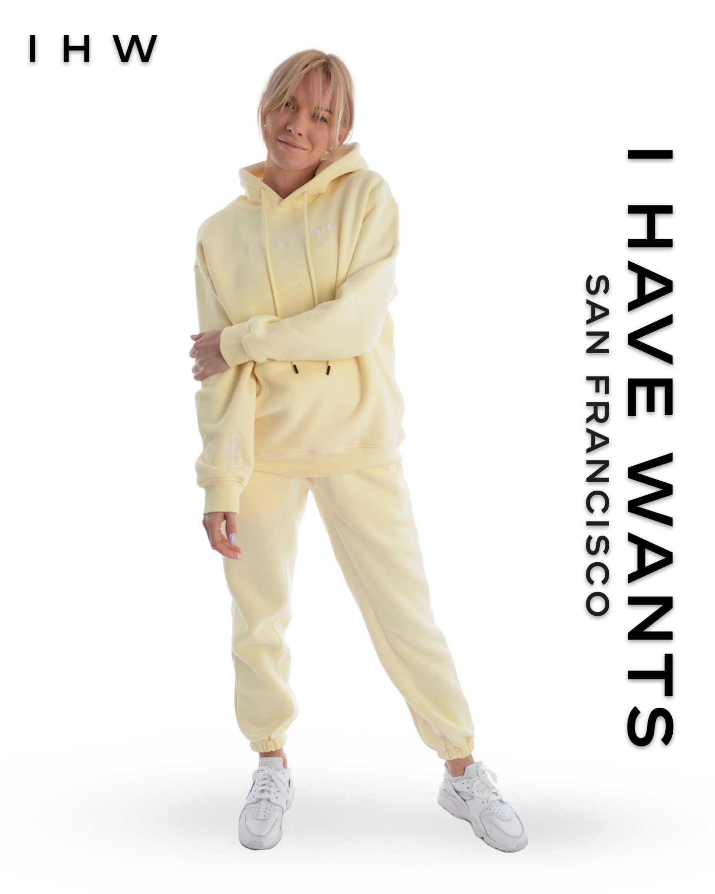 Womens Kangaroo Pocket Drawstring Ivory White Hoodie & Joggers - I Have Wants Logo