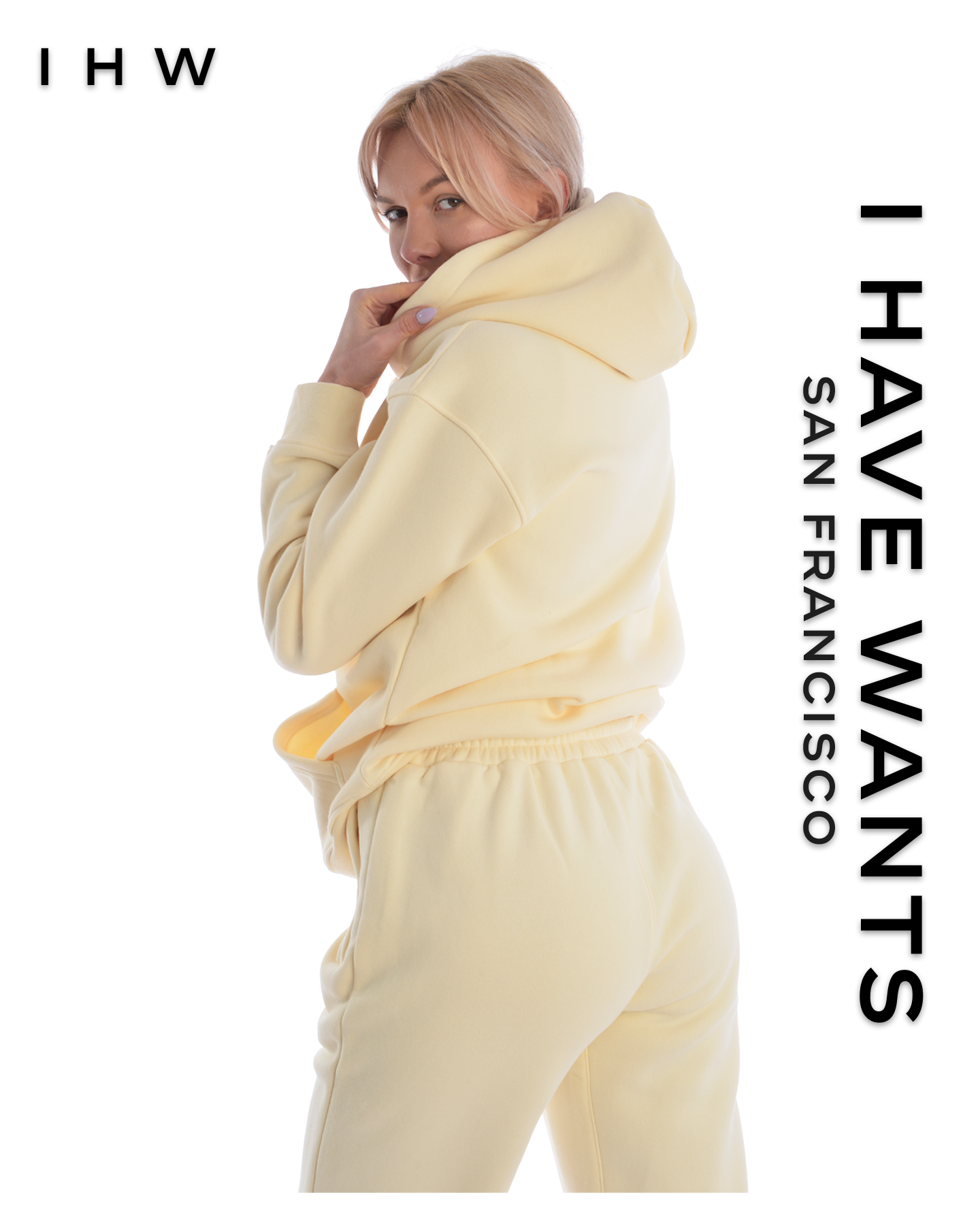 Womens Kangaroo Pocket Drawstring Ivory White Hoodie & Joggers - I Have Wants Logo