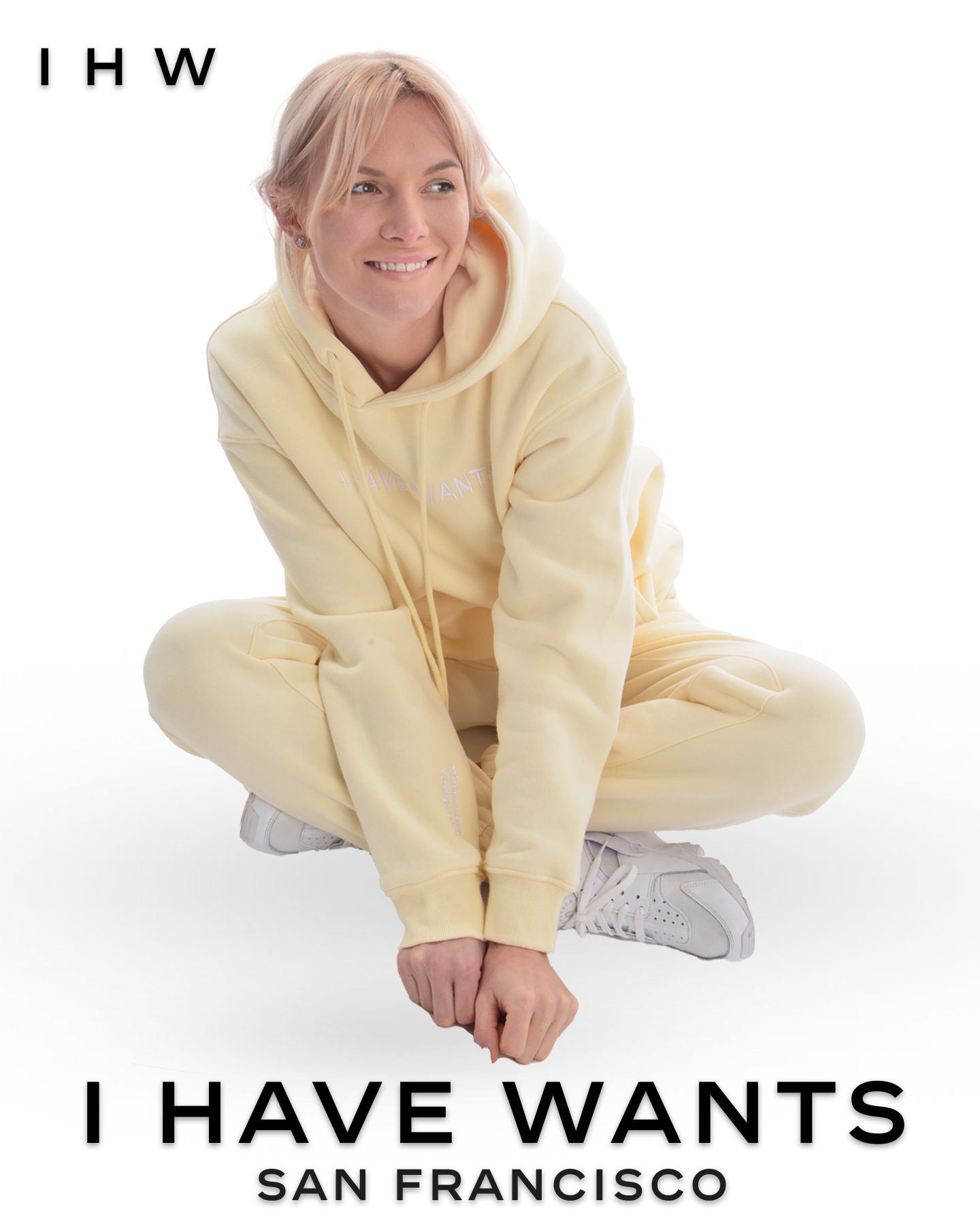 Womens Kangaroo Pocket Drawstring Ivory White Hoodie & Joggers - I Have Wants Logo