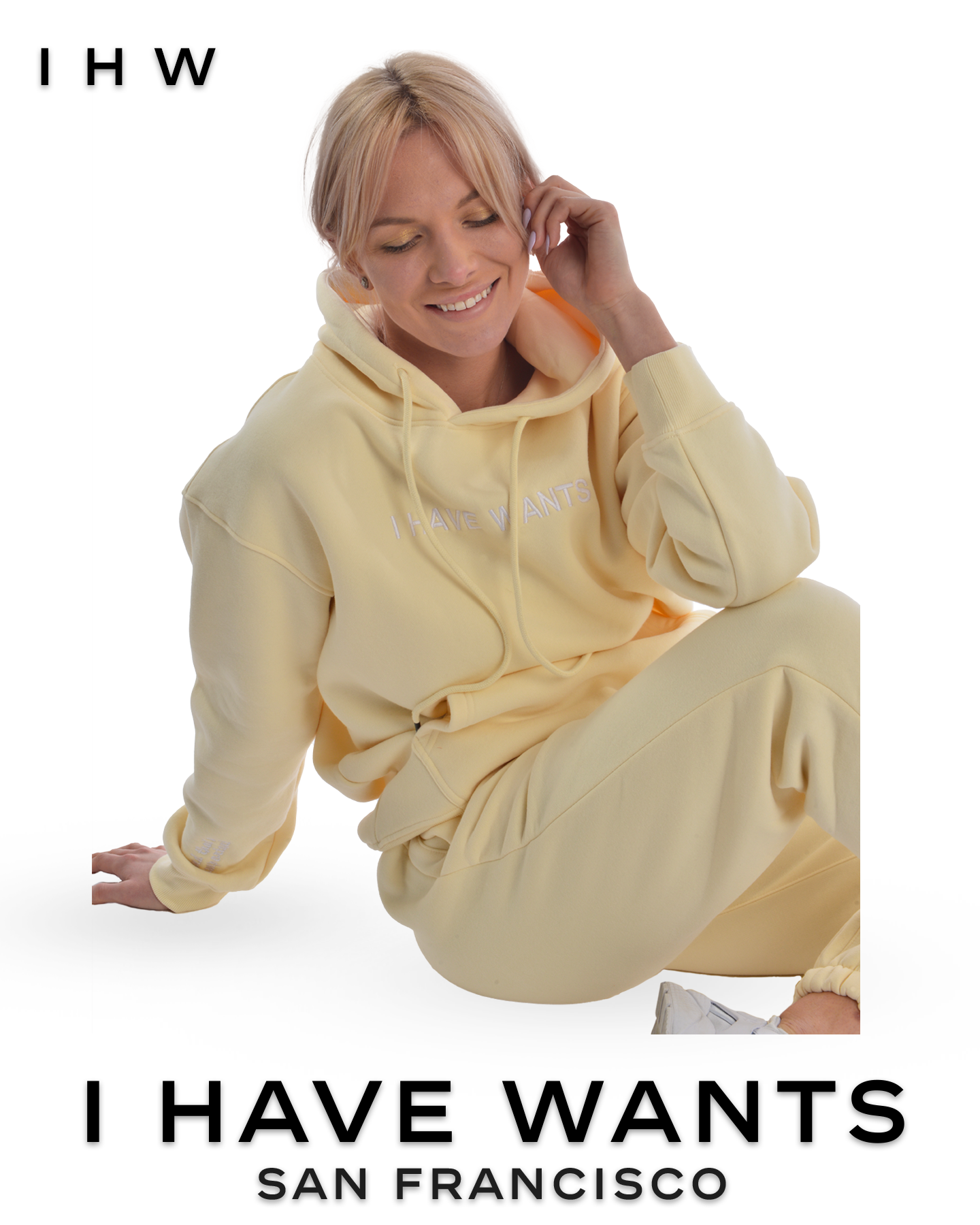 Womens Kangaroo Pocket Drawstring Ivory White Hoodie & Joggers - I Have Wants Logo