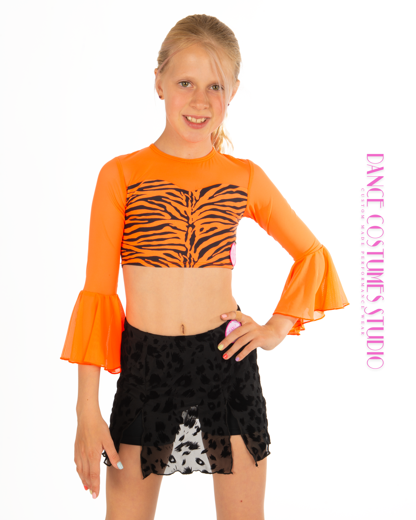 Mina Flared Sleeves Dance Crop Top - Orange Tiger